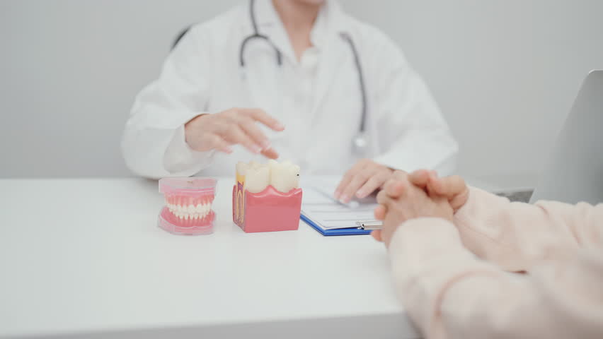 Elderly Patient consulting Dentist to Tooth disease, Senior Health Medical Diagnosis. Anatomy teeth model for Oral Teeth decay, Scrape off tartar. March Oral health, Dentist Day, False Teeth concept 