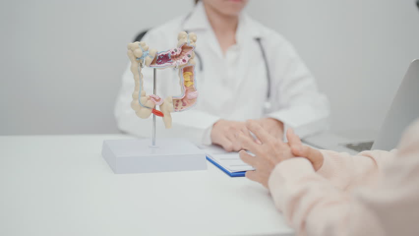 Elderly woman Patient consultation with doctor for Colon disease, Large Intestine, Colorectal cancer, Ulcerative colitis, Diverticulitis, Irritable bowel syndrome, Digestive system and Healthcare 