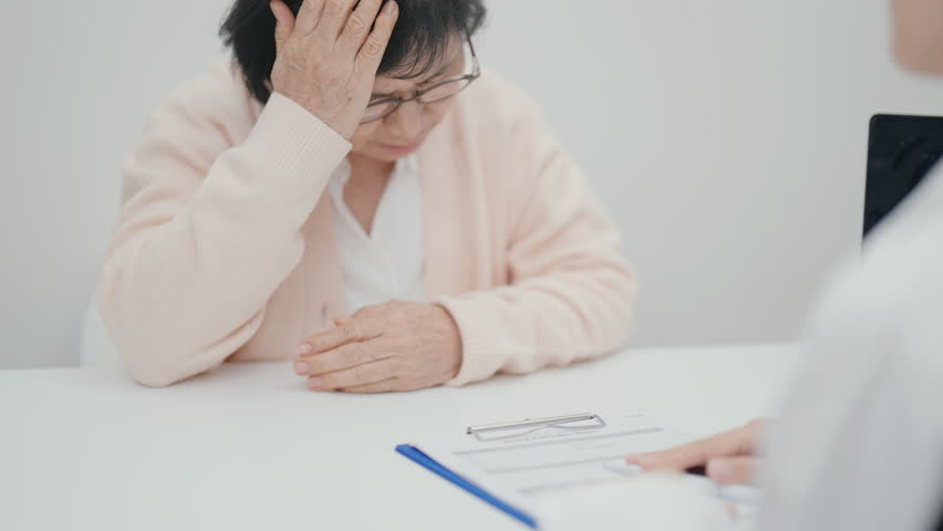 Senior Woman having headache and consulting doctor to disease. Elderly health patient, Medical Diagnosis, Migraine, Brain Tumor, Brain Stroke, Dementia, neurological disorder, alzheimer, Parkinson