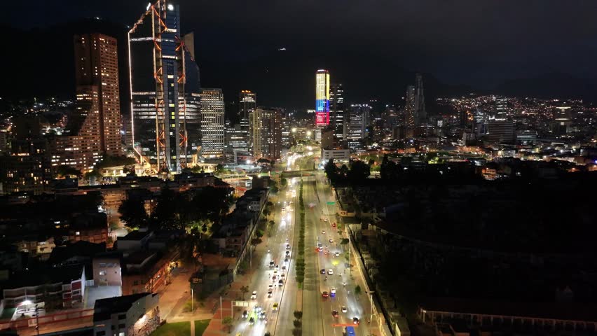 Bogota, District Capital, Colombia - 5.16.2025 - Night View Of Colpatria Tower At Bogota In District Capital Colombia. Night Bogota Colombia. Illuminated Downtown. City At Night Landscape.