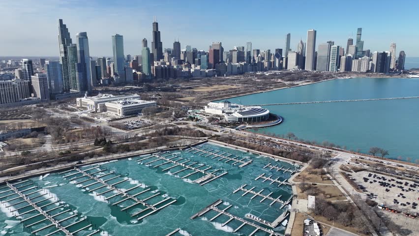 Chicago Skyline At Chicago In Illinois United States. Downtown Cityscape. Leisure Park Landscape. Chicago Skyline At Illinois United States. Metropolitan District. Big City Background.