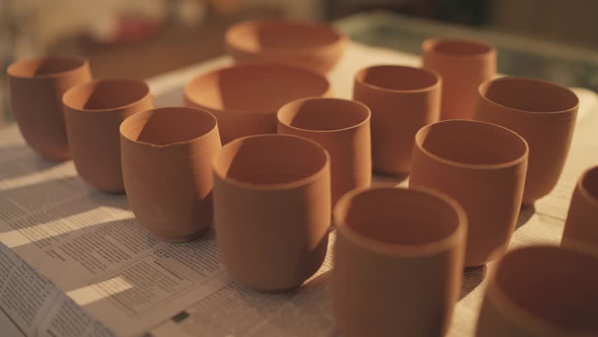 Handmade clay pottery cups and bowls placed on newspaper sheets, drying after shaping, under soft warm studio light highlighting earthy textures and craftsmanship, slow motion reveal
