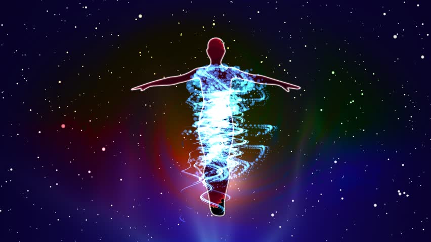 Silhouette of a person standing with his arms outstretched with the effect of kundalini energy flow