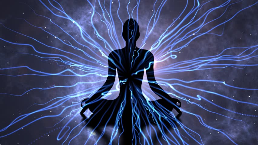Silhouette of a meditating person with particle explosion effect
