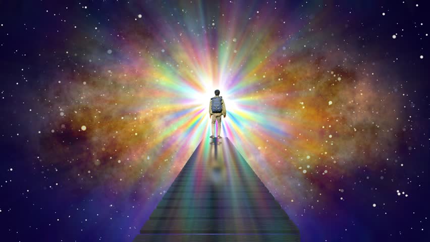 Silhouette of a person standing on the edge of a bridge facing the abstract galaxy sky