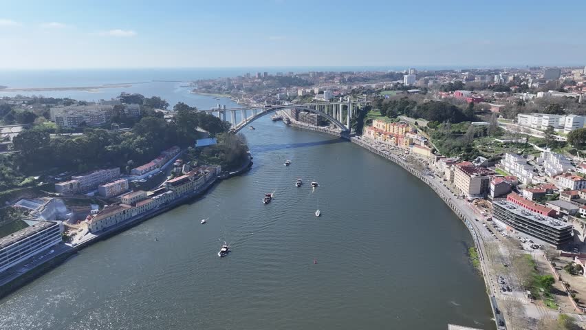 Porto Skyline At Porto In District Of Porto Portugal. Coastal Landscape. Douro River. Arch Bridge Cityscape. Porto Skyline In Portugal. Portugal Skyline. Travel Landscape.