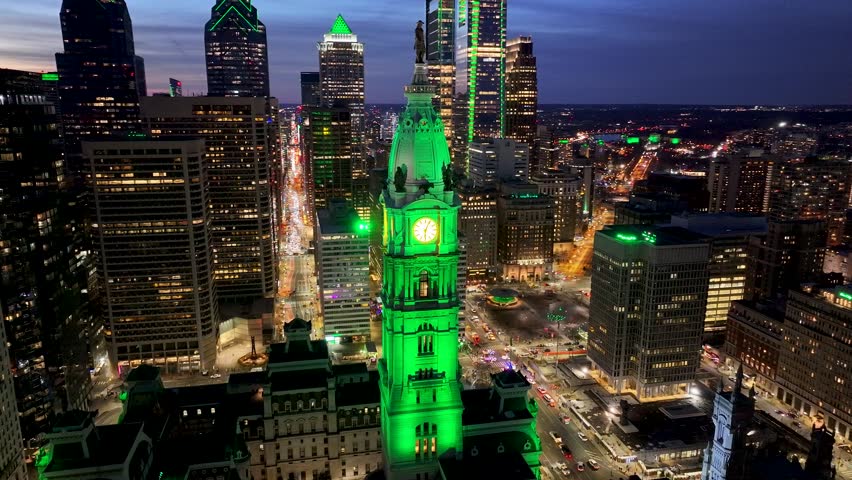 Sunset Skyline City Hall At Philadelphia In Pennsylvania United States. Highrise Buildings Landscape. Colorful Sunset. Philadelphia At Pennsylvania United States.