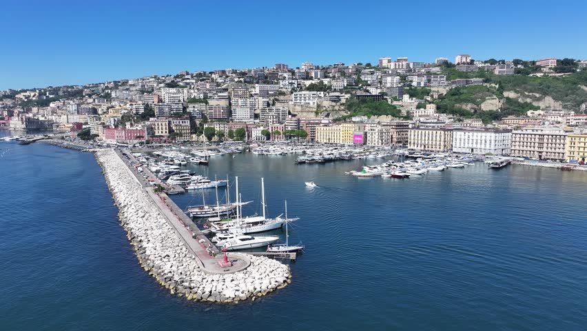 Naples, Campania, Italy - 5.16.2025 - Naples Skyline At Naples Campania Italy. Sunny Day Naples Italy. Downtown Cityscape. Marina Harbor Landscape.