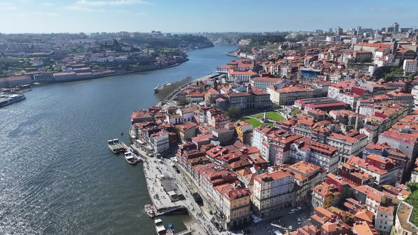 Porto Skyline At Porto In District Of Porto Portugal. Coastal Landscape. Douro River. Ribeira Pier Cityscape. Porto Skyline In Portugal. Portugal Skyline. Travel Landscape.