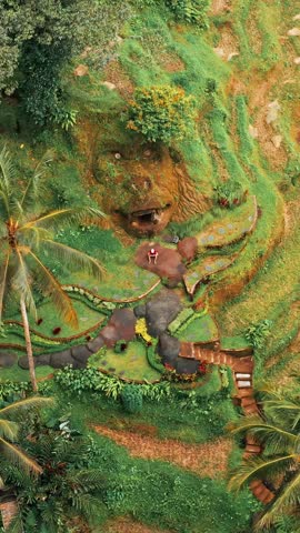 Aerial view of lush green terraced rice fields surrounded by palm trees in Tegallalang, Bali, showcasing nature's beauty and agricultural practice.