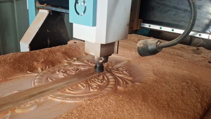 Wood milling on modern automatic woodworking designing machine with CNC and 3d design furniture production