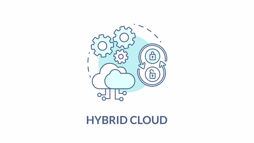 Hybrid cloud blue concept icon animation. Combination of private and public datacenters. Virtual computing environment. Cyan circular animated abstract idea. HD video with alpha channel