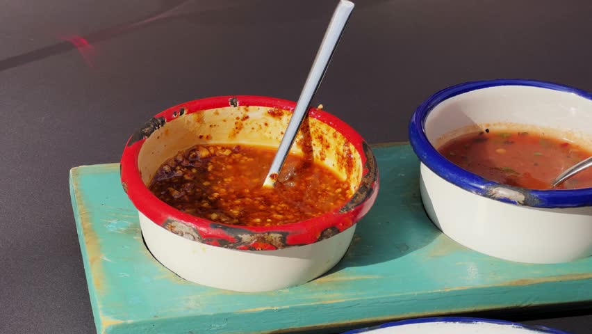 Set of mexican sauces are displayed on a table in a restaurant. Salsa macha, valentina, salsa verde and pickled onion. High quality 4k footage
