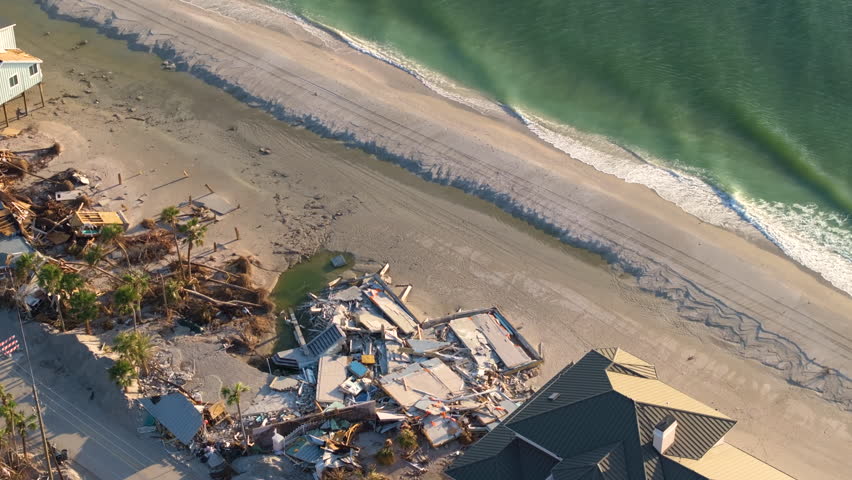 Natural disaster and its consequences. Hurricane destroyed house roof and walls in Florida coastal area.