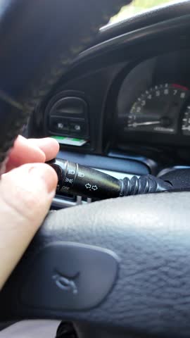 The driver turns on the turn signal. The driver shifts the lever. The person controls the car.