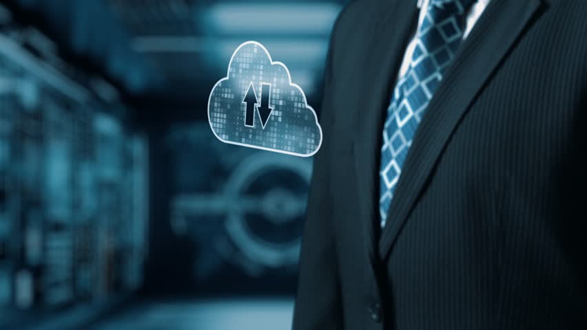 A businessman stands alongside a digital cloud storage concept, illustrating the importance of data management and file sharing in a professional office environment. Qubit - Powered by Shutterstock - Get 15% off with code: PIKWIZARD15