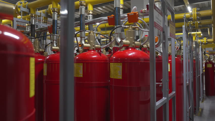 Gas cylinders stand inside industrial room arranged with marked caution. Gas storage cylinders stand pressurized ready for industrial use