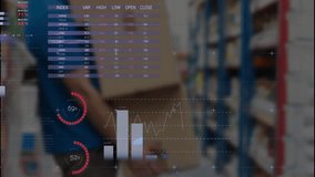 Retail worker carrying box down aisle, showing pie chart, bar graph and world map overlays. Logistics, inventory, supply chain, analytics, data visualization, operations, productivity - Powered by Shutterstock - Get 15% off with code: PIKWIZARD15