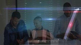 Three colleagues standing at desk in tech hub, examining phones and tablets as stock charts moving. Financial technology, data analysis, collaboration, futuristic, professional, modern workspace, - Powered by Shutterstock - Get 15% off with code: PIKWIZARD15