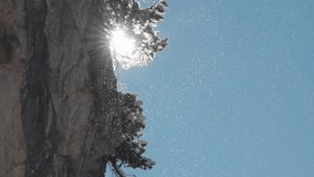 Close-up view of sparkling snowflakes drifting in the light behind a snowy tree trunk, which clings to the rugged rocky cliff. Slow-motion video. - Powered by Shutterstock - Get 15% off with code: PIKWIZARD15