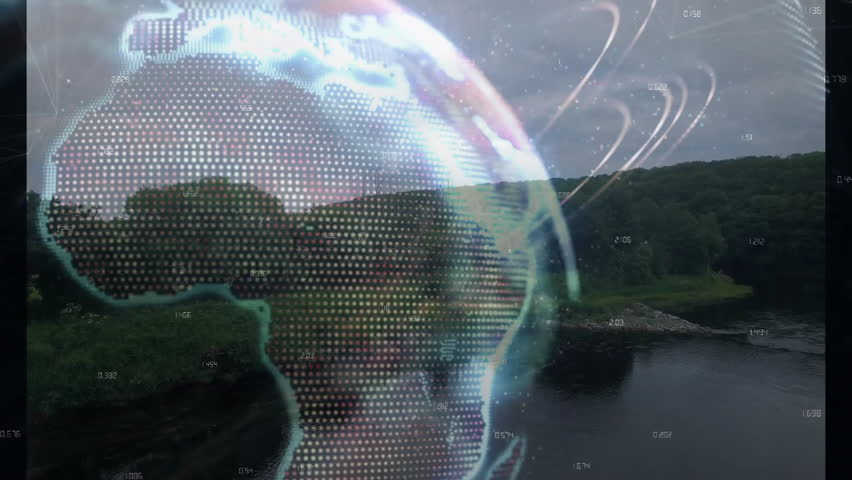 3D-rendered translucent globe projecting data over riverside fields and hills, showing river path. Geography, visualization, innovation, connectivity, sustainability, naturalscape, technology