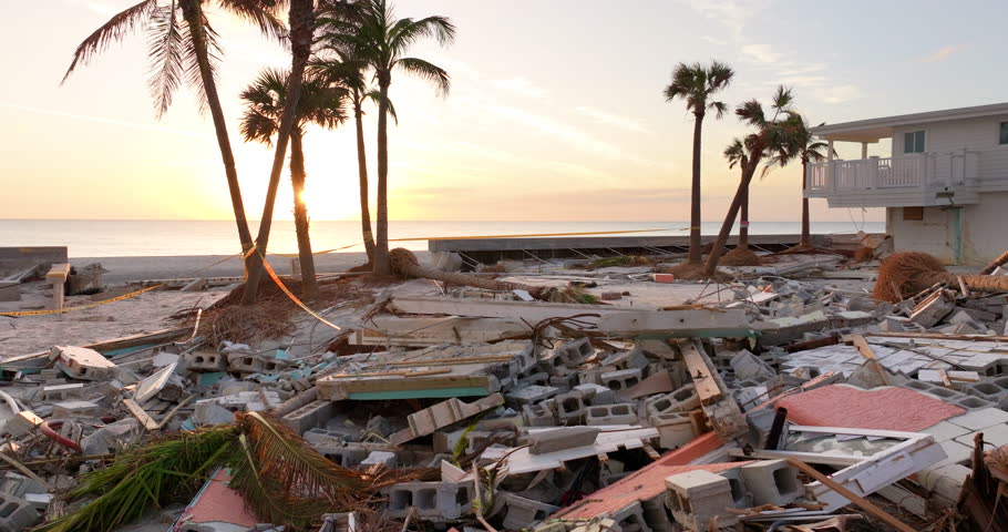 Storm surge severe damage to waterfront houses after hurricane Milton in Englewood, Florida. Destroyed homes on gulf coast.