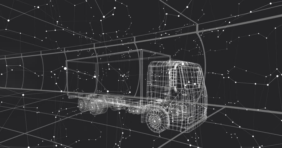 3D wireframe semi-truck floating in data network scene, with glowing UI panels and mesh. Transportation, logistics, digitalization, cybersecurity, innovation, enterprise, technology