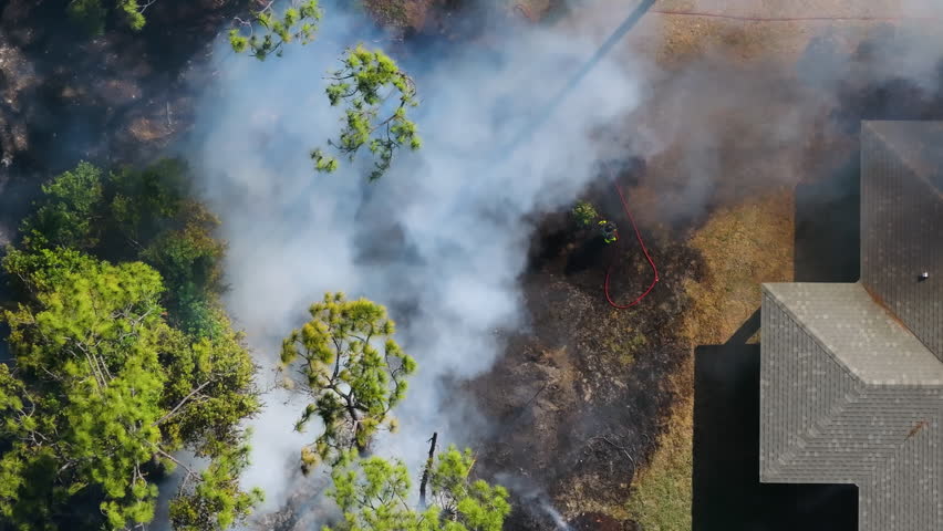 Vegetation fire spreads near Florida residential area as firefighters and fire trucks race to contain flames threatening suburban homes