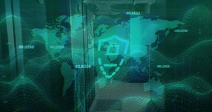 Pixelated shield icon being centered, world map being overlaid with green grid and neon dot data. Cybersecurity, digital security, data visualization, futuristic, technology, protection, network - Powered by Shutterstock - Get 15% off with code: PIKWIZARD15