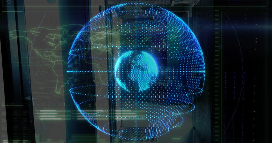 3D render holographic globe hovering over lab, projecting gridlines and scanning interface panels. Futuristic, technological, digital, immersive, visualization, interface, innovation