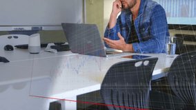 Man speaking on phone with coworker in business meeting displaying holographic bar and line charts. Corporate, modern, technology, teamwork, innovation, professional, analytics - Powered by Shutterstock - Get 15% off with code: PIKWIZARD15