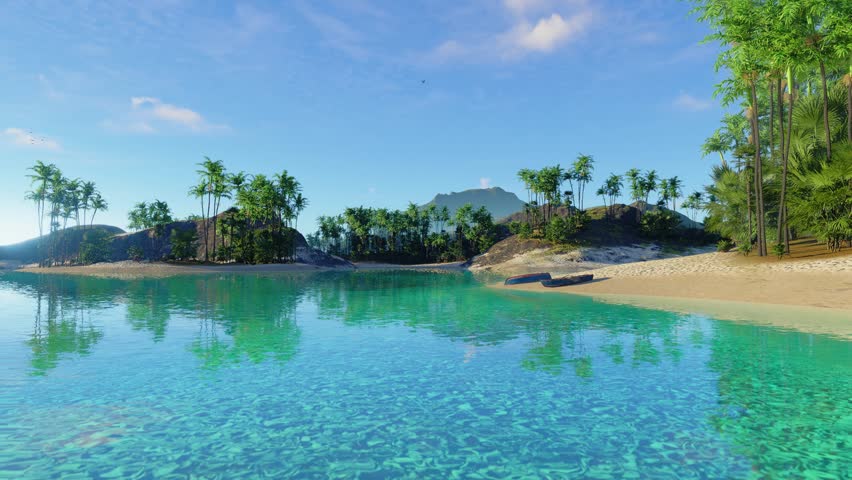 A breathtaking tropical scene showcasing a tranquil lagoon, a soft sandy beach, and vibrant, gently swaying palm trees. 3d animation. 3D Illustration