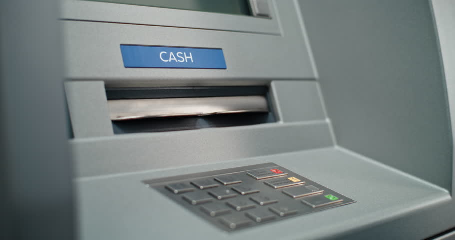ATM Machine User Pressing Buttons on Display Screen, Taking Money from Cash Dispenser. Cash Withdrawal Operation from Bank Account. Automated Teller Machine, Banking System and Transactions. Close Up.