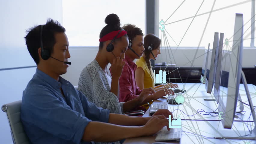 Finance call center team typing and speaking at desk, showing network lines and currency icons. Collaborative, technology, modern, professional, communication, digital, teamwork - Powered by Shutterstock - Get 15% off with code: PIKWIZARD15