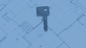 Metallic house key floating above floor plan blueprint, network nodes glowing across digital layout. Technology, security, architecture, connectivity, digital, blueprint, innovation - Powered by Shutterstock - Get 15% off with code: PIKWIZARD15