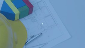 Yellow safety helmet resting on blueprints under digital network overlay glowing in 3D render. Engineering, technology, innovation, blueprint, cybersecurity, data visualization, workspace - Powered by Shutterstock - Get 15% off with code: PIKWIZARD15