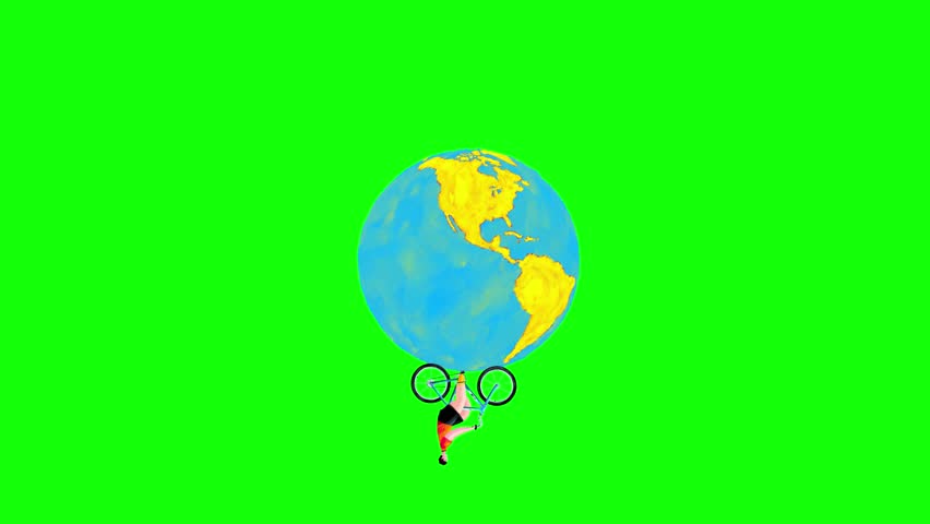 Man animated riding a bicycle around earth greenbox. Paint hand made character cartoon style seamless loop isolated. Good for titles journey planet globe travel theme. Motion design graphic animation.