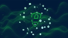 Green pixelated shield protecting padlock icon floating amid network of commerce icons in 3D render. Cybersecurity, digital, futuristic, protection, technology, network, innovation - Powered by Shutterstock - Get 15% off with code: PIKWIZARD15