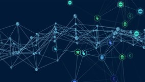 Digital network graph forming wave shape, showing glowing nodes and e-commerce icons in flat design. Futuristic, abstract, connectivity, technology, digital, data, innovation - Powered by Shutterstock - Get 15% off with code: PIKWIZARD15
