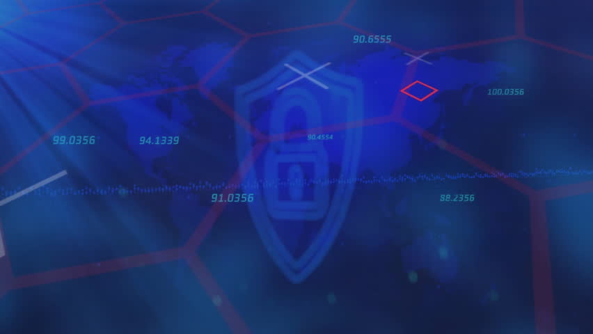 cybersecurity dashboard showing dotted-line shield enclosing padlock over map grid with red charts. Technology, digital, security, data visualization, innovation, network, protection - Powered by Shutterstock - Get 15% off with code: PIKWIZARD15