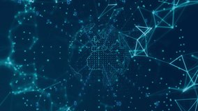 Central data globe glowing and rotating in flat design network scene, with mesh nodes and digits. Futuristic, digital, technological, cyberspace, abstract, vibrant, connectivity - Powered by Shutterstock - Get 15% off with code: PIKWIZARD15