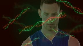Male athlete examining floating neon DNA helixes in dark digital space, showcasing health tech. Biotechnology, innovation, futuristic, medical, science, visualization, research - Powered by Shutterstock - Get 15% off with code: PIKWIZARD15