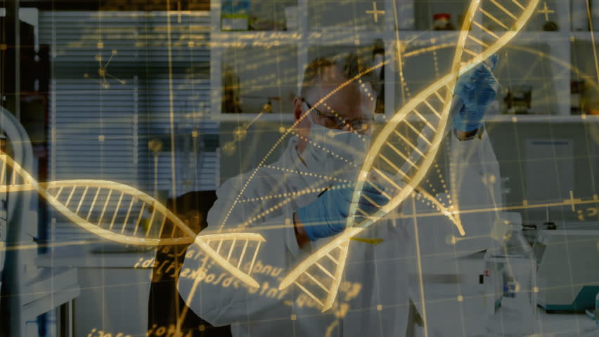 Senior male scientist handling pipette and vial in research lab, featuring holographic DNA visuals. Science, research, innovation, technology, education, healthcare, visualization
