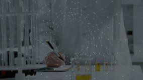 Senior scientist in lab coat and tie analyzing data in technology lab, with digital network overlay. Scientist, laboratory, technology, networking, digital, innovation, science - Powered by Shutterstock - Get 15% off with code: PIKWIZARD15