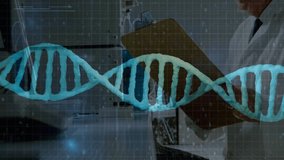 Senior male researcher standing behind laboratory grid display, showing DNA helix and code streams. Biotechnology, innovation, science, digital, high-tech, research, futuristic - Powered by Shutterstock - Get 15% off with code: PIKWIZARD15