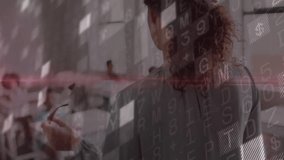 Teacher holding eyeglasses guiding classroom lesson, showing transparent red data overlay 2019. Education, classroom, futurism, augmented reality, learning, technology, teaching - Powered by Shutterstock - Get 15% off with code: PIKWIZARD15