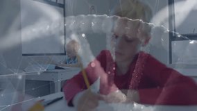 Students writing notebooks with pencils at desks in classroom, overlaying digital education network. Education, learning, classroom, technology, youth, concentration, collaboration - Powered by Shutterstock - Get 15% off with code: PIKWIZARD15