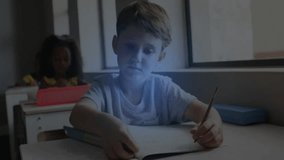 Students writing with pencil at classroom desks, interacting with floating DNA helix hologram. Education, learning, technology, innovation, youth, collaboration, creativity - Powered by Shutterstock - Get 15% off with code: PIKWIZARD15