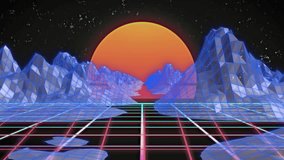 Neon gradient HIGH SCORE text floating above retro neon wireframe grid toward low-poly mountains. Futuristic, vaporwave, digital, vibrant, cyber, immersive, abstract - Powered by Shutterstock - Get 15% off with code: PIKWIZARD15
