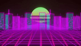 Retro-futuristic cityscape showing 3D GAME OVER text above neon grid with triangles and half-sun. Cyberpunk, digitalart, neon, futurism, sci-fi, geometric, skyline - Powered by Shutterstock - Get 15% off with code: PIKWIZARD15